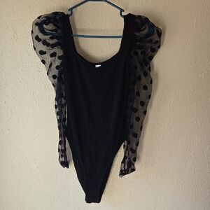 Women's Black Long Sleeve Polka Dot Mesh Sleeve Bodysuit